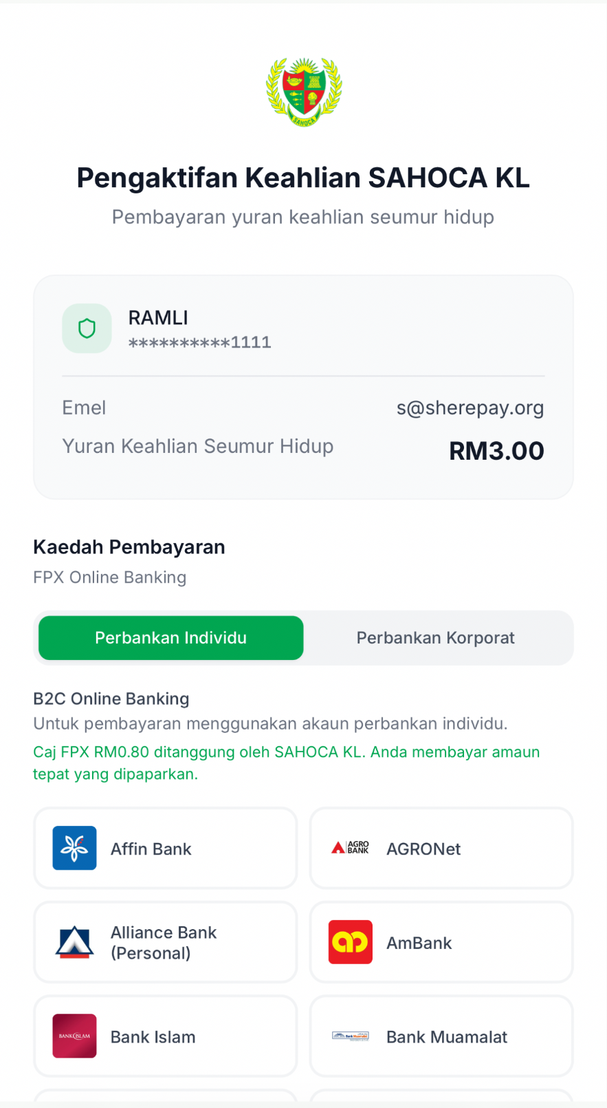 SAHOCA membership payment page with member details, amount and FPX bank selection in the organisation's own interface